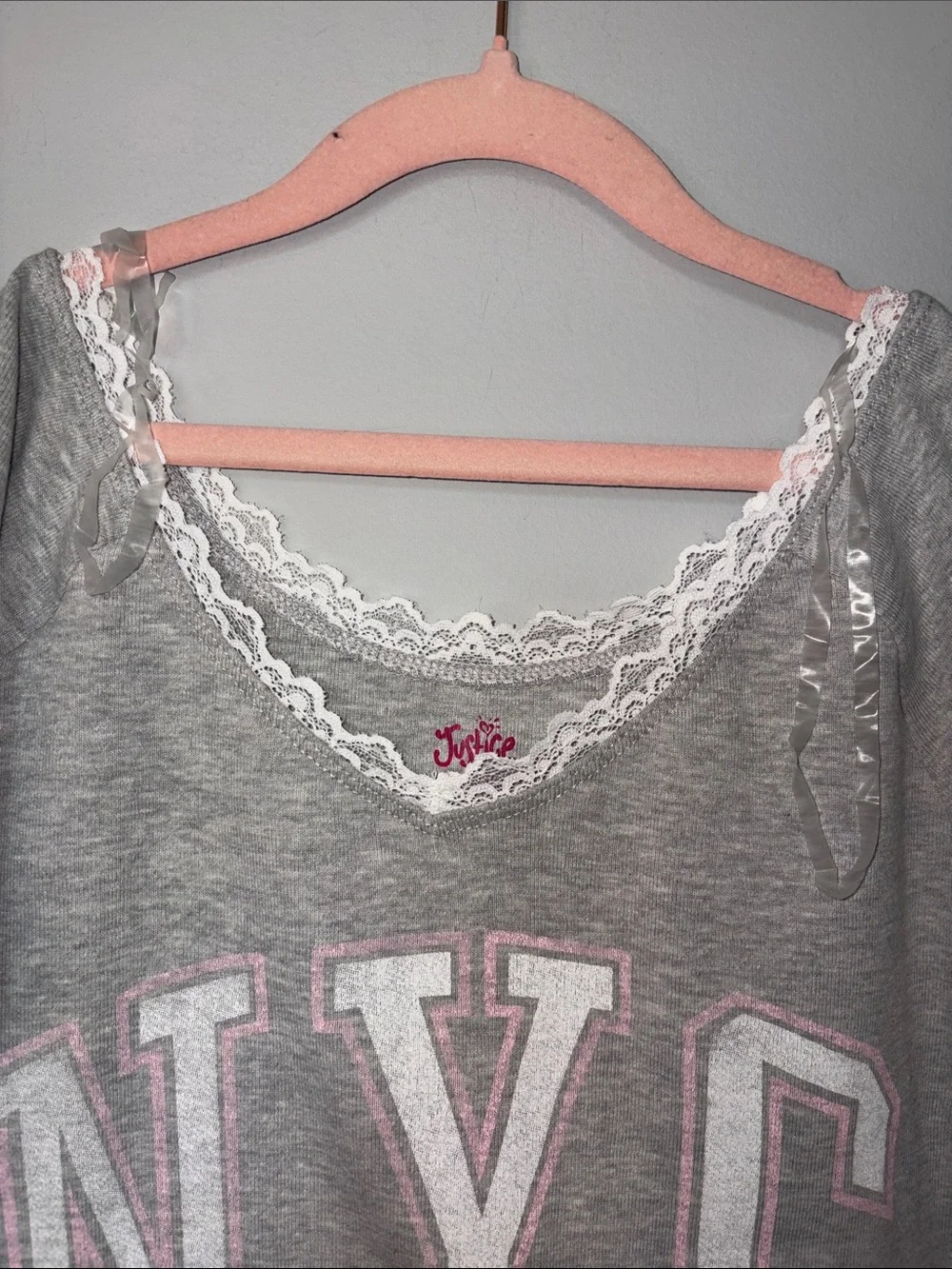 Justice Gray Tee with Pink Lettering and Hot Pink Tag Ribbon